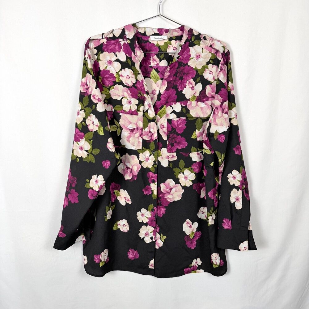 Calvin Klein Button Up Utility V-Neck Purple Floral Office Career Women 0X